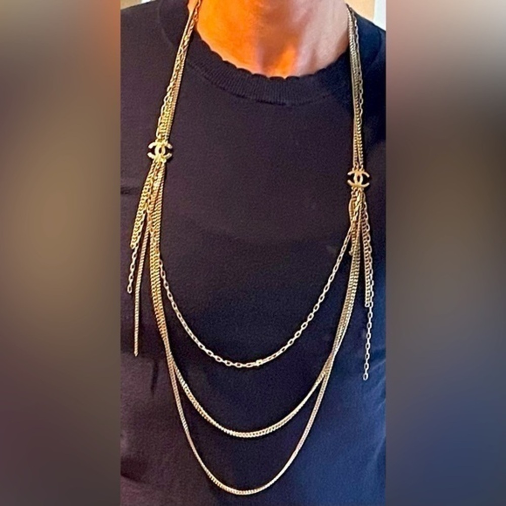 Authentic Chanel long triple chain logo necklace